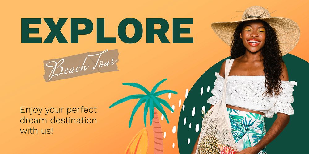 Beach tour Twitter post template, promotion ad vector