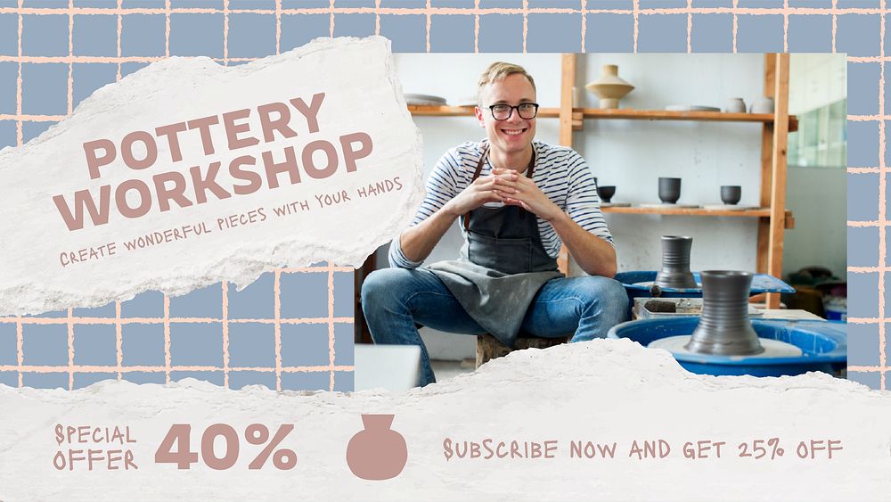 Pottery workshop blog banner template, promotion design vector