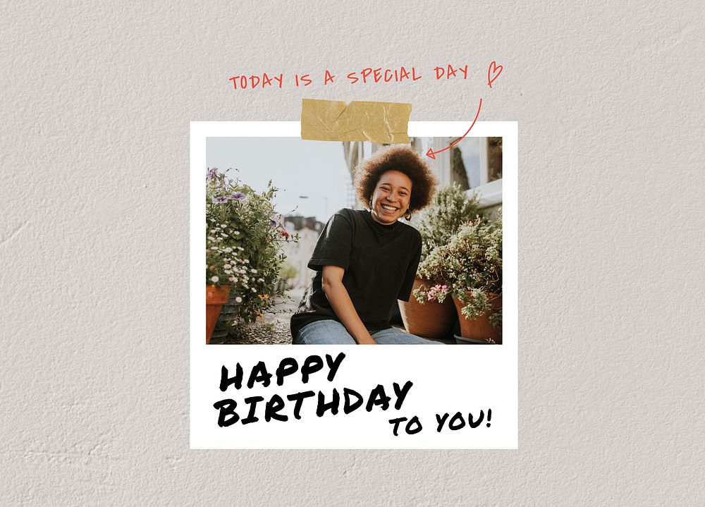 Happy Birthday greeting card template, instant photo film frame psd