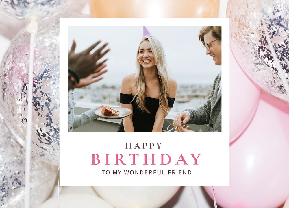 Feminine birthday greeting card template, instant photo film frame vector