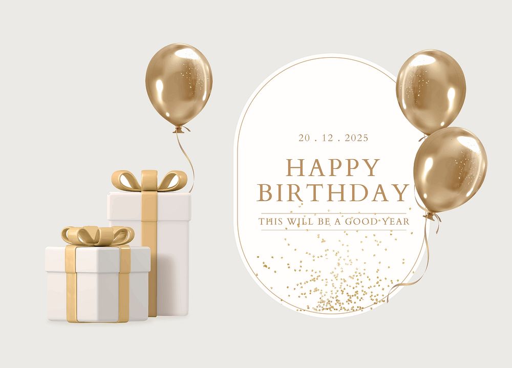 Gold birthday greeting card template, 3D rendering aesthetic psd