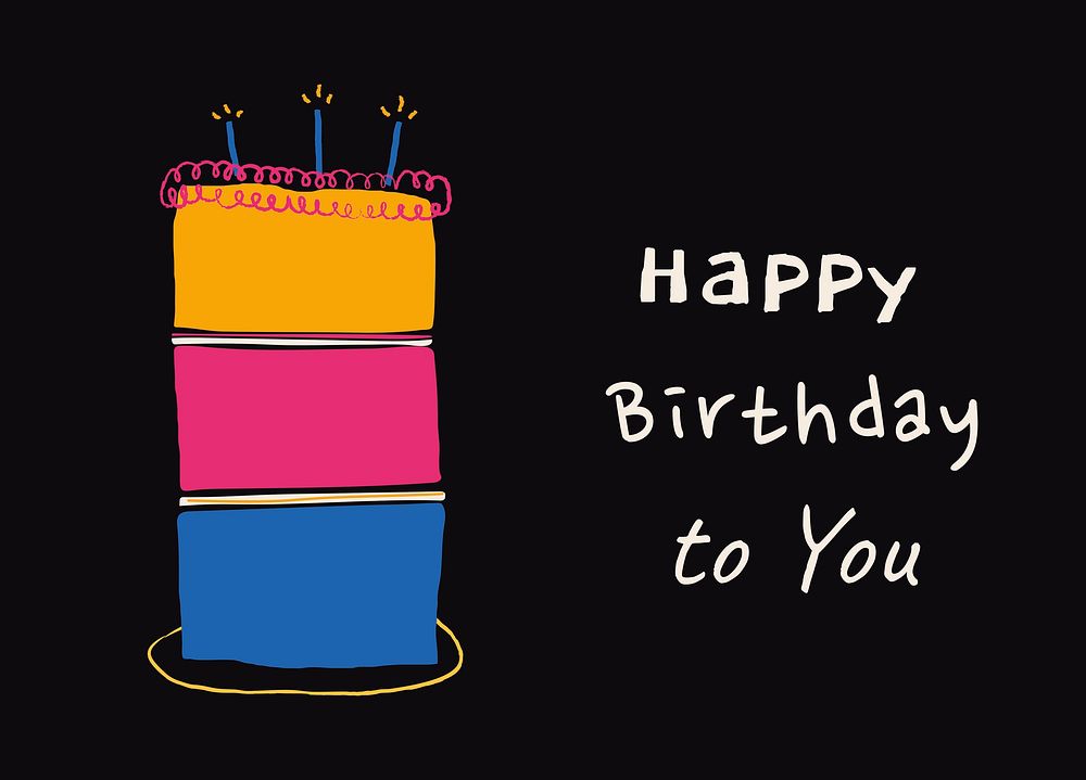 Birthday cake greeting card template, cute doodle vector