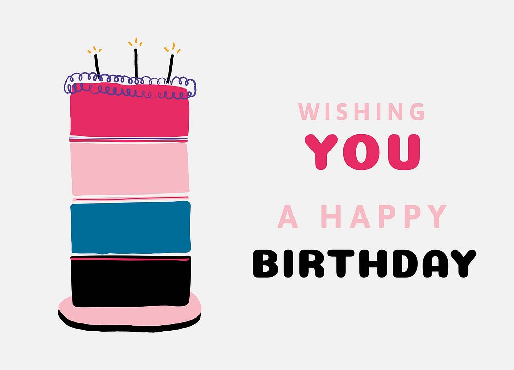 Birthday cake greeting card template, cute doodle vector