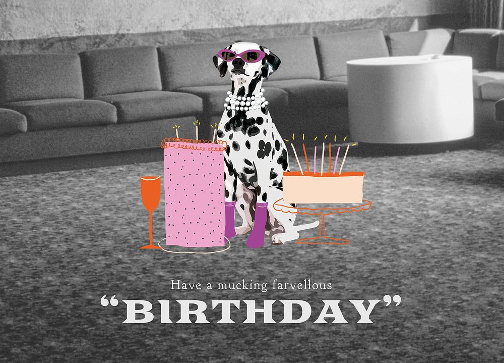 Dog birthday greeting card template, cute pet photo vector