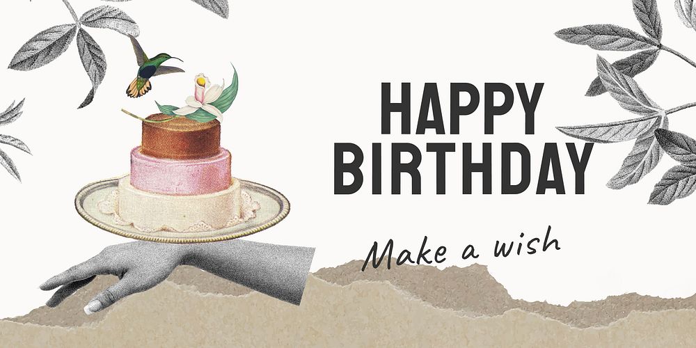 Vintage birthday Twitter post template, cake illustration vector