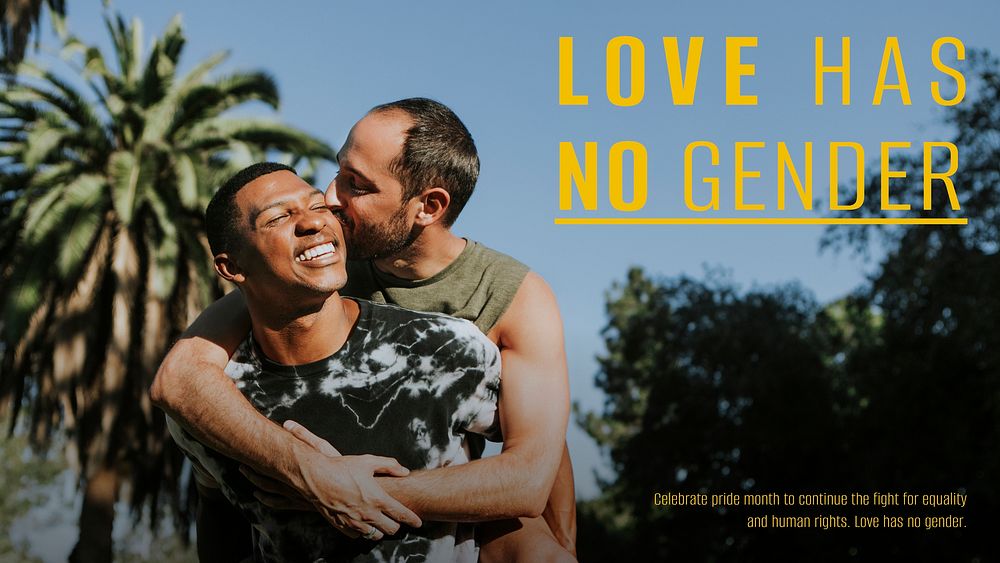 LGBTQ couple presentation template, love has no gender quote vector