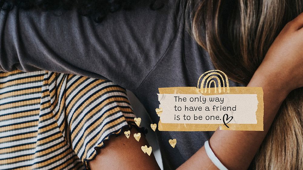Friendship aesthetic banner template, girls hugging photo vector