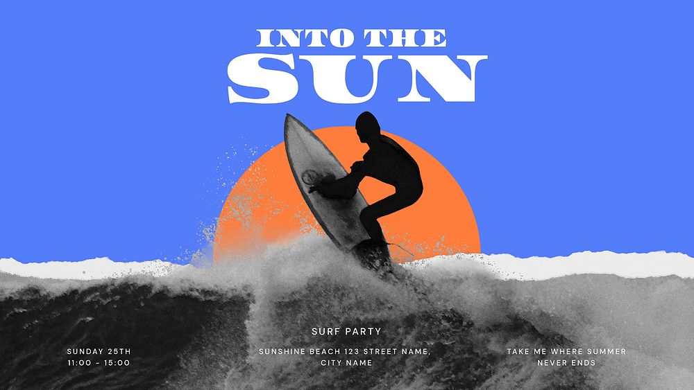 Surfing aesthetic PowerPoint editable template, sunset remix vector