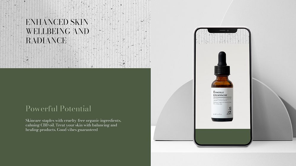 Vegan skincare PowerPoint presentation template, olive green design vector