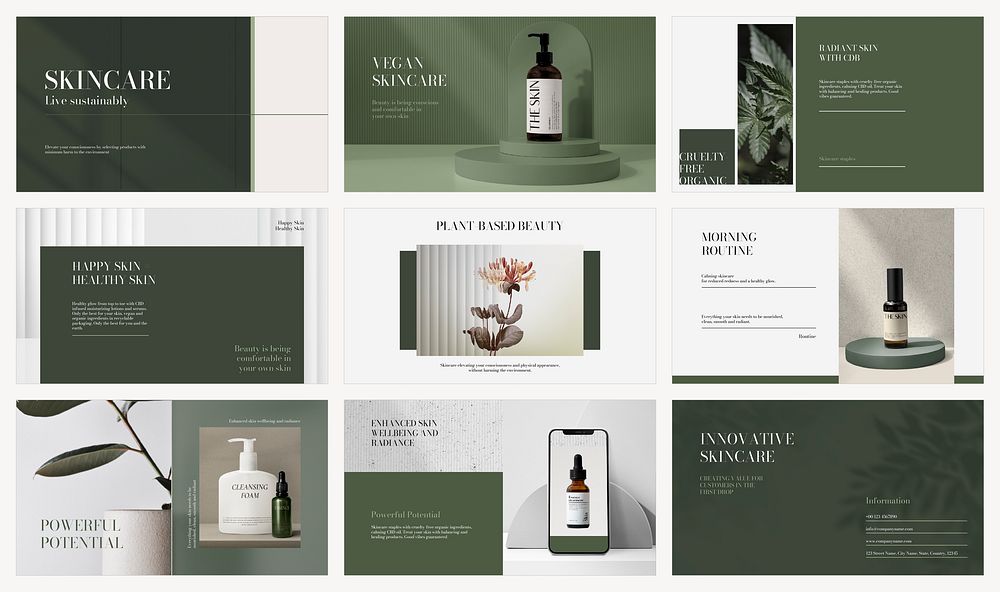 Green skincare aesthetic presentation template set vector