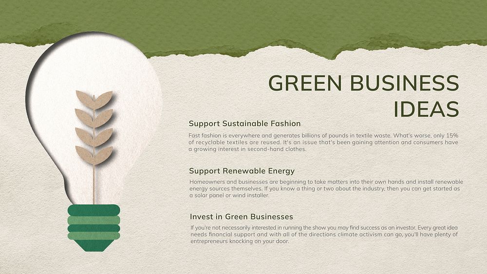Green business PowerPoint editable template, light bulb graphic vector