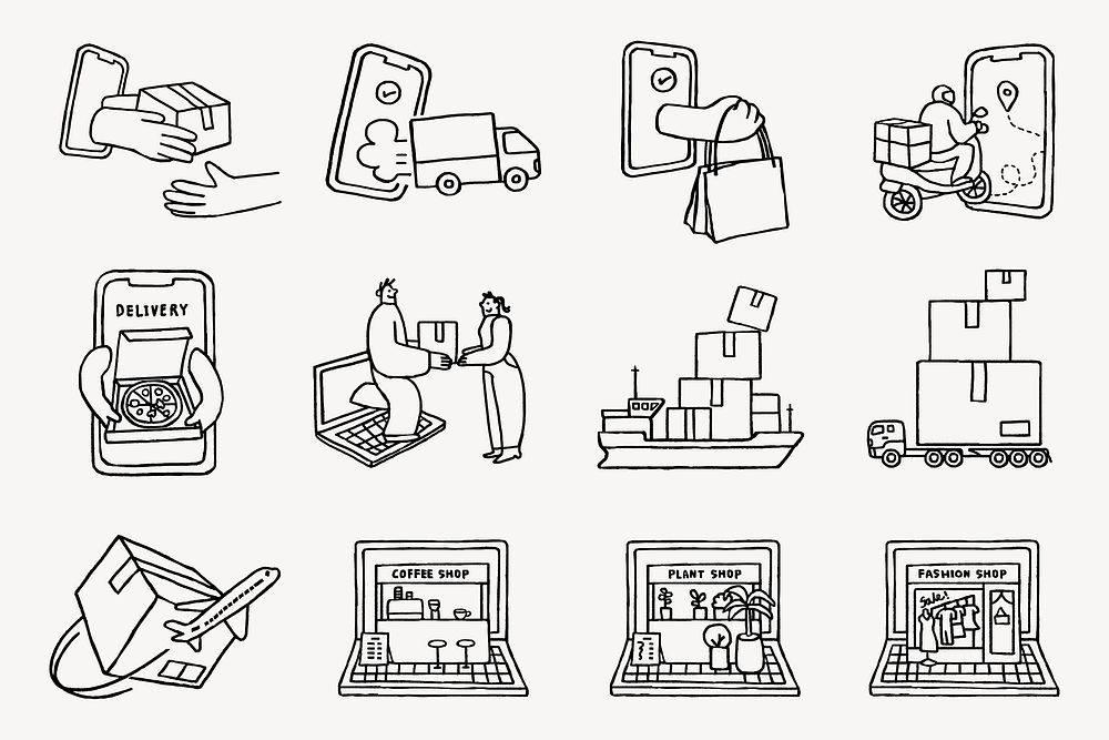 Delivery logistics doodle, collage element vector set