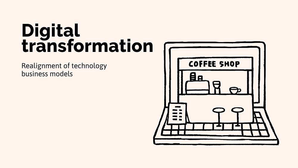 Online coffee shop presentation template, cute doodle vector