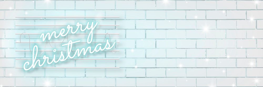 Blue neon text on white brick wall social banner template vector
