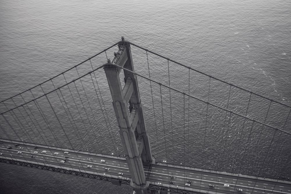 Drone view of San Francisco Golden Gate Bridge.. Original public domain image from Wikimedia Commons