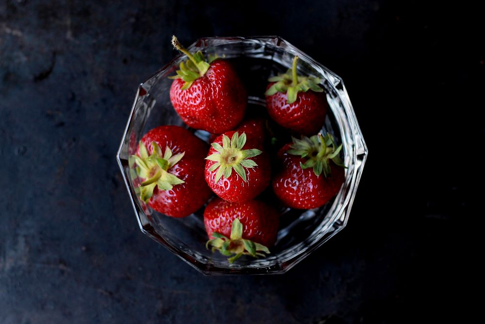 Glass bowl of fresh red strawberries. Original public domain image from Wikimedia Commons