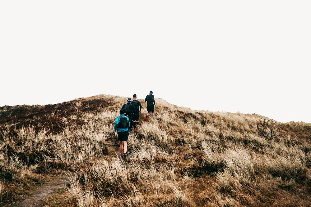 Tourists walking on countryside hill border, nature photo psd