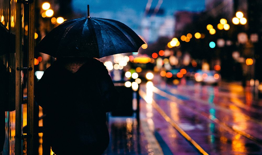 Person with umbrella walking through rainy street, California St & Hyde St, Nob Hill, San Francisco. Original public domain…