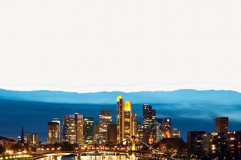 Skyline background Frankfurt nighttime, torn paper effect