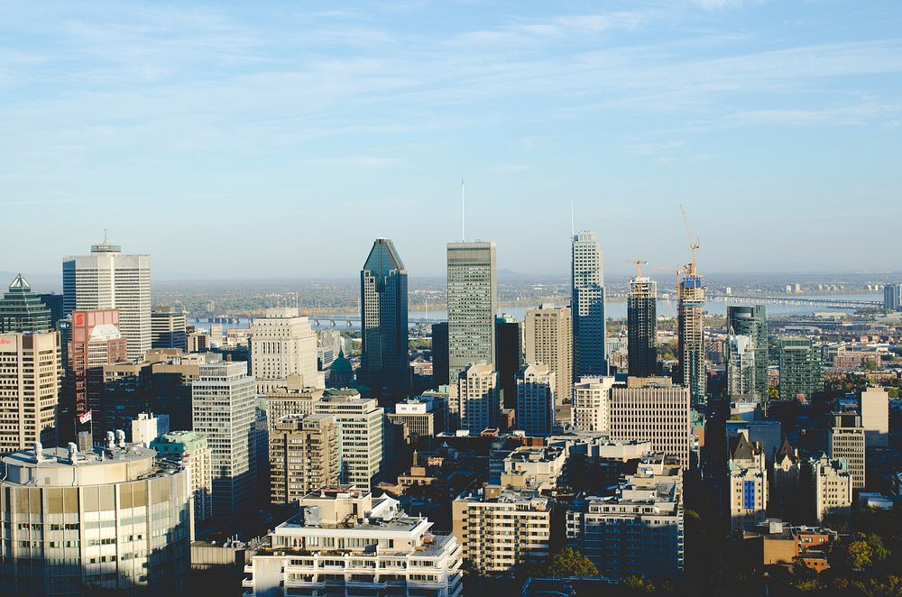 The skyline of downtown Montreal, Canada with a river at the back. Original public domain image from Wikimedia Commons
