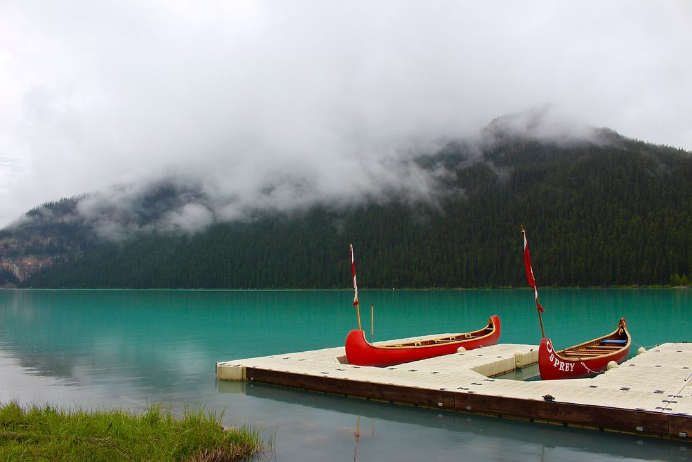 Canoe boats at Lake Louise, Canada. Original public domain image from Wikimedia Commons