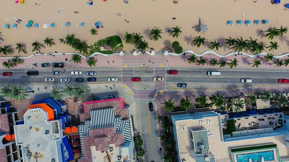 Drone view of the busy street by the sand beach in East Fort Lauderdale, Fort Lauderdale, Florida. Original public domain…