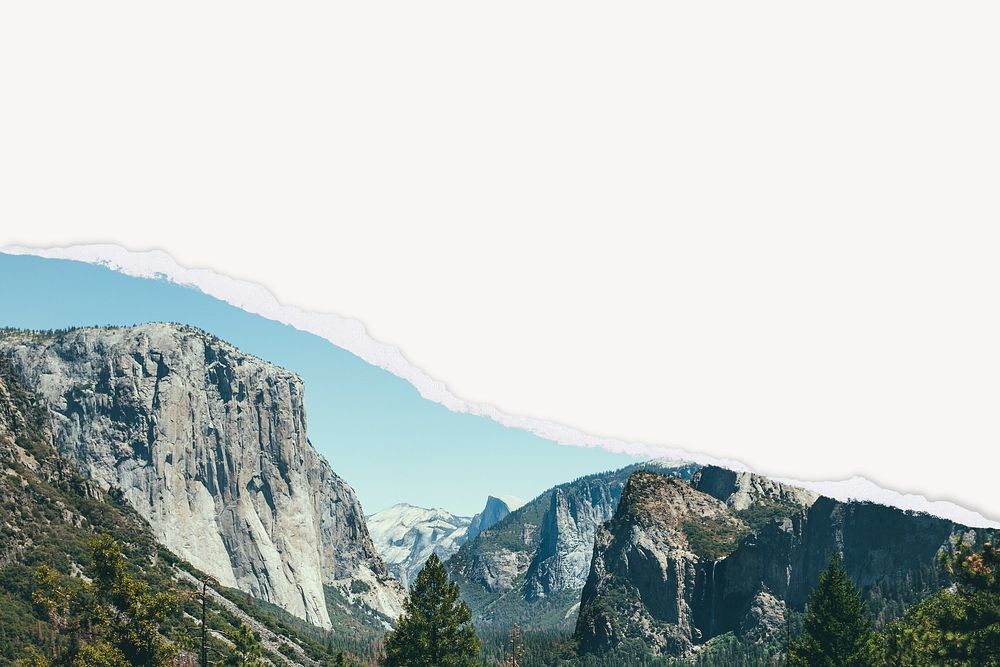 Yosemite mountains background, ripped paper border