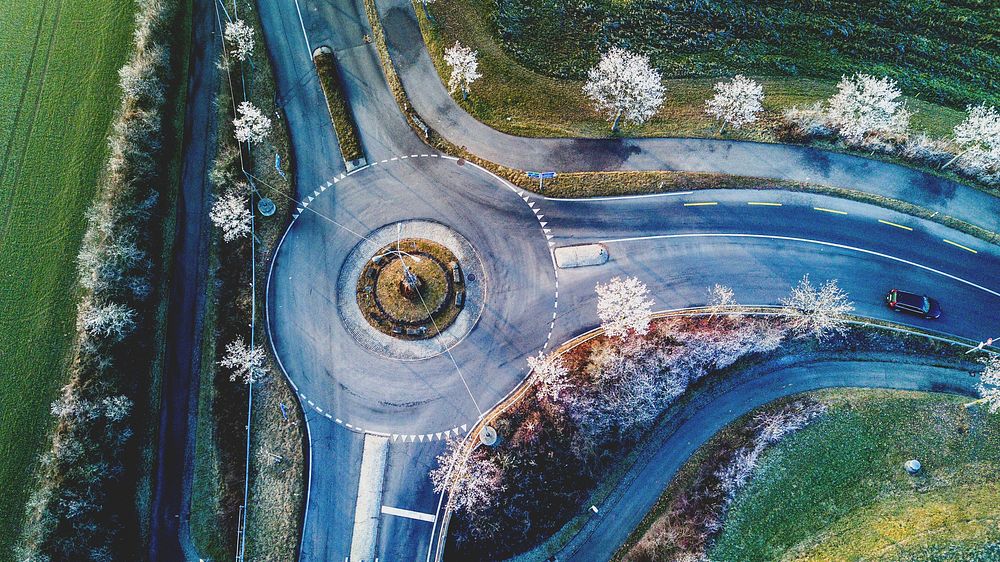 An aerial shot of a roundabout in Bolligen on a frosty day. Original public domain image from Wikimedia Commons