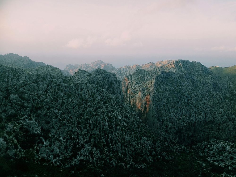 Craggy mountains on Majorca on a cloudy day. Original public domain image from Wikimedia Commons