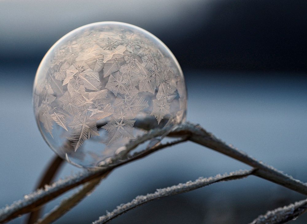 A macro frozen bubble with snowflake and crystal formations inside. Original public domain image from Wikimedia Commons