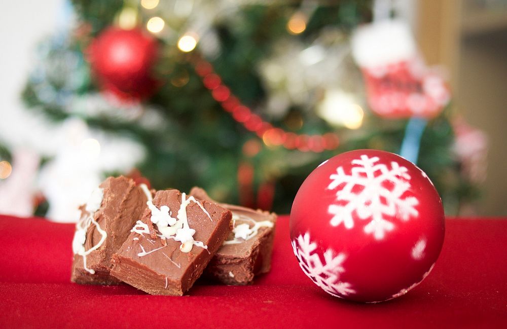 Fudge and a Christmas ornament with a Christmas tree in the background. Original public domain image from Wikimedia Commons