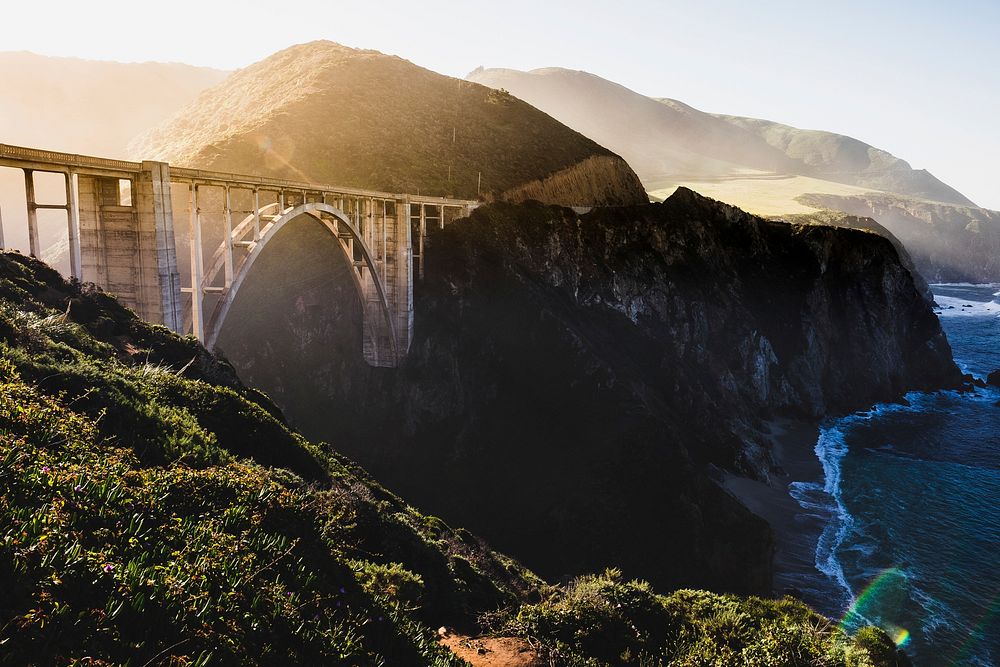 Bixby Bridge in Big Sur at golden hour. Original public domain image from Wikimedia Commons
