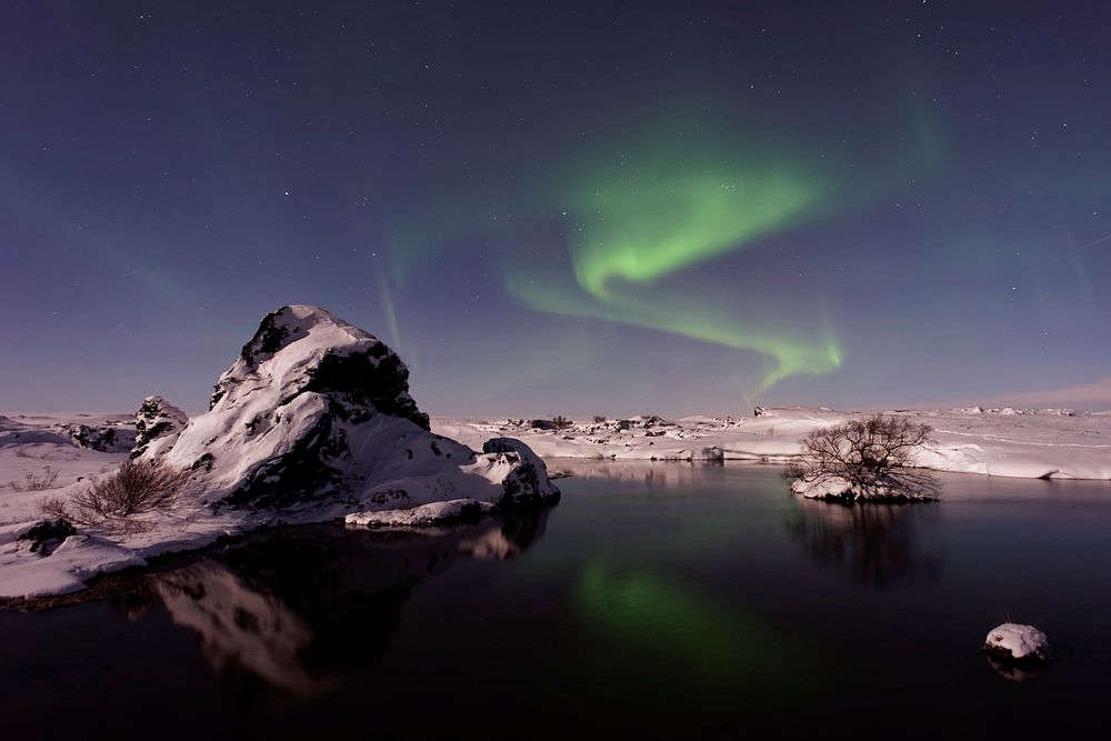The Northern Lights casted above Mývatn, a lake in Iceland. Original public domain image from Wikimedia Commons