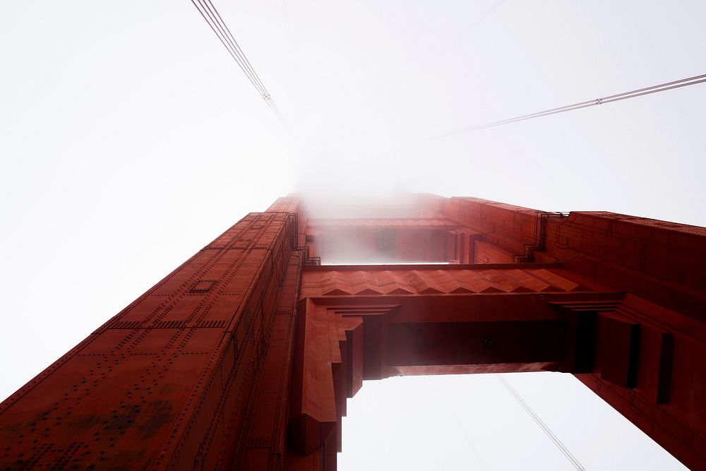 Looking up at the architectural details of Golden Gate Bridge. Original public domain image from Wikimedia Commons