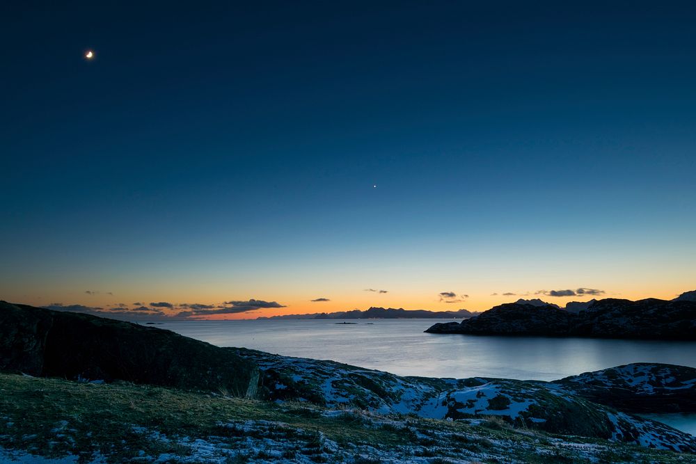 Panoramic view from top of mountain at the night in Lofoten, Norway. Original public domain image from Wikimedia Commons