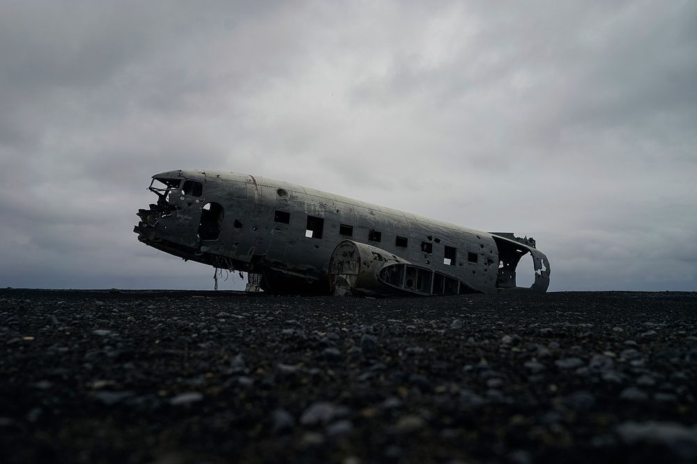 Iceland Solheimasandur Plane Wreck on black sand beach. Original public domain image from Wikimedia Commons