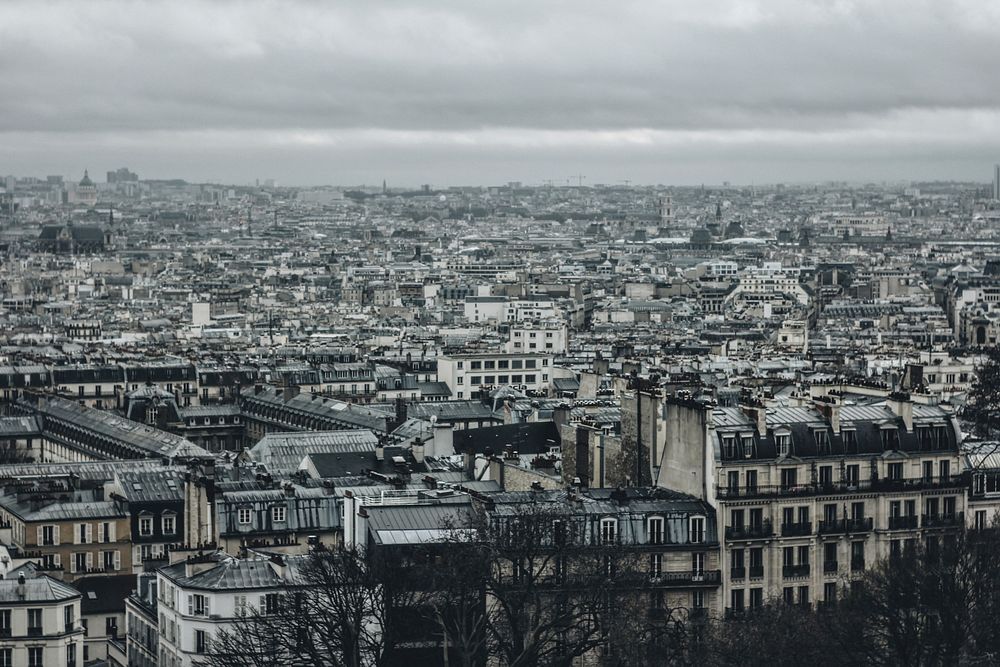 A desaturated shot of the Paris skyline on an overcast day. Original public domain image from Wikimedia Commons