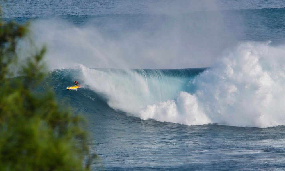 A person surfing on a yellow surfboard, catching a massive wave in Jaws. Original public domain image from Wikimedia Commons