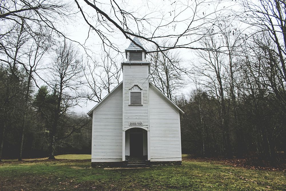 A small wooden chapel near a forest in Cataloochee. Original public domain image from Wikimedia Commons