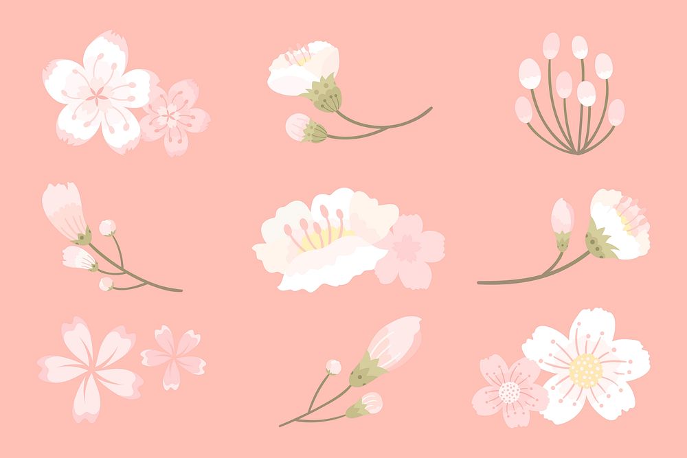 White sakura sticker vector flower element set