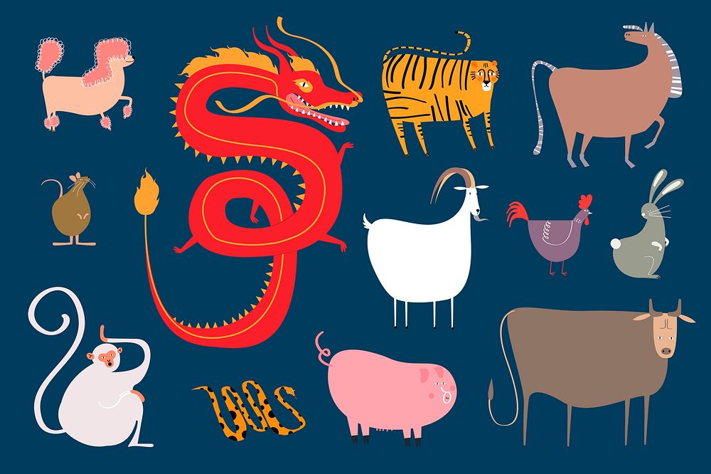 Chinese zodiac animals psd on blue background sticker set