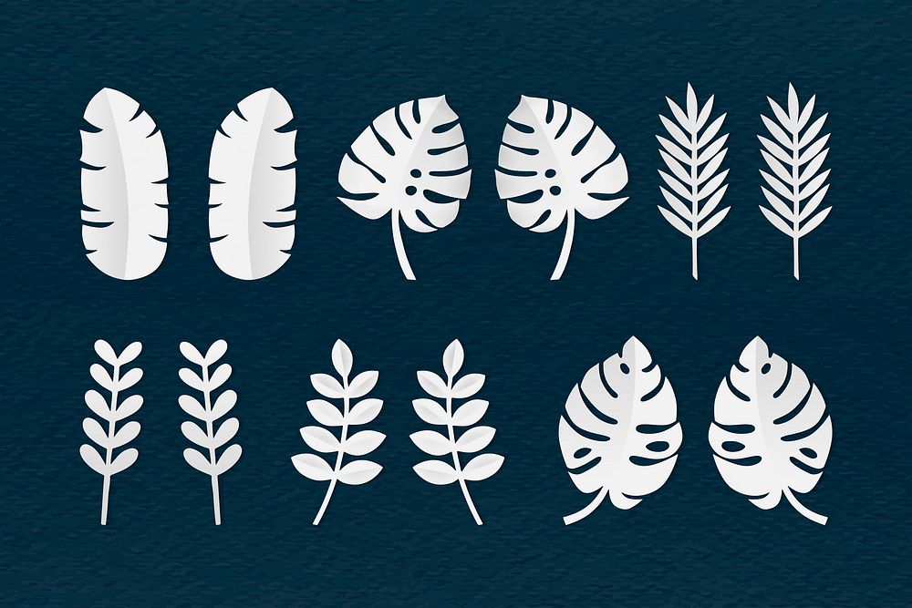 White tropical leaves on navy blue background vector collection