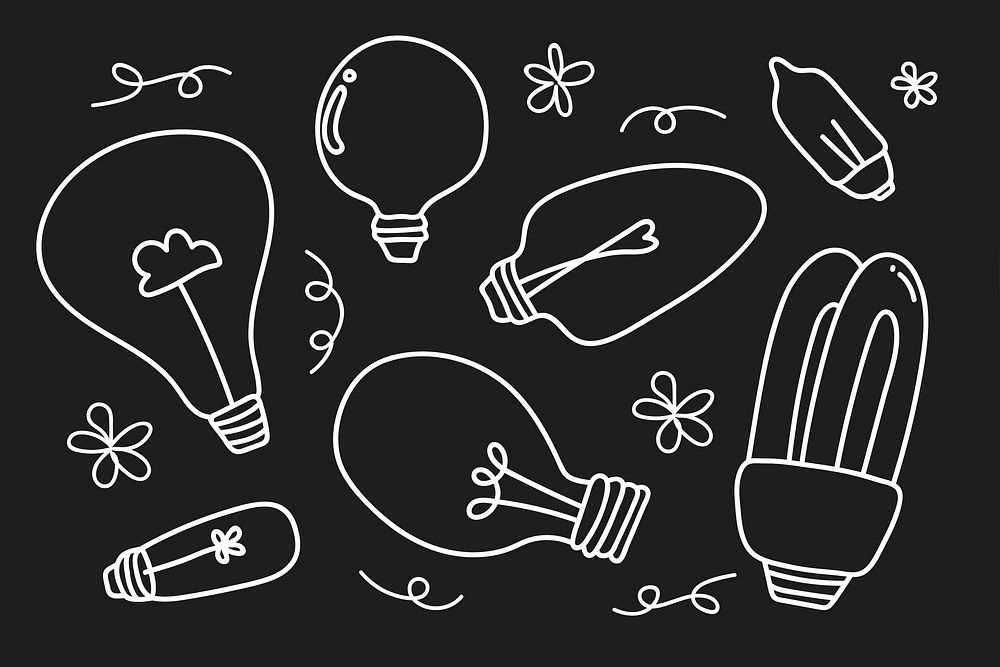 Creative light bulb doodle on black background vector collection
