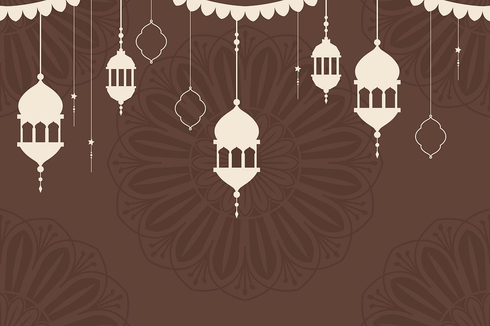 Brown Ramadan Kareem background psd with lantern lights and Islamic flowers