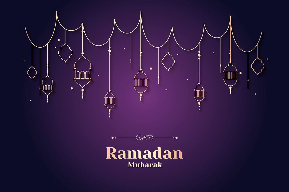 Purple Ramadan Mubarak and Eid festivals background with gold lanterns