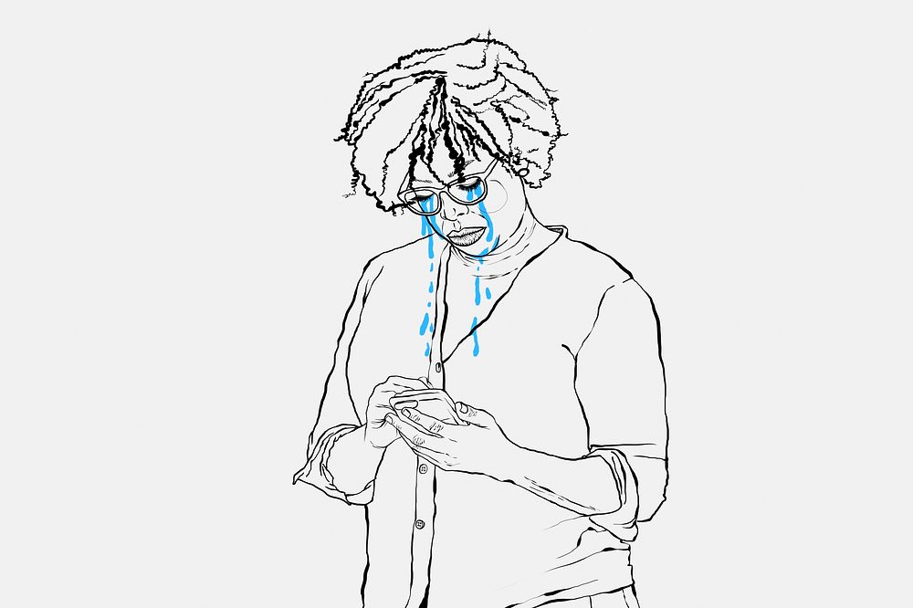 Crying woman using her phone doodle character illustration