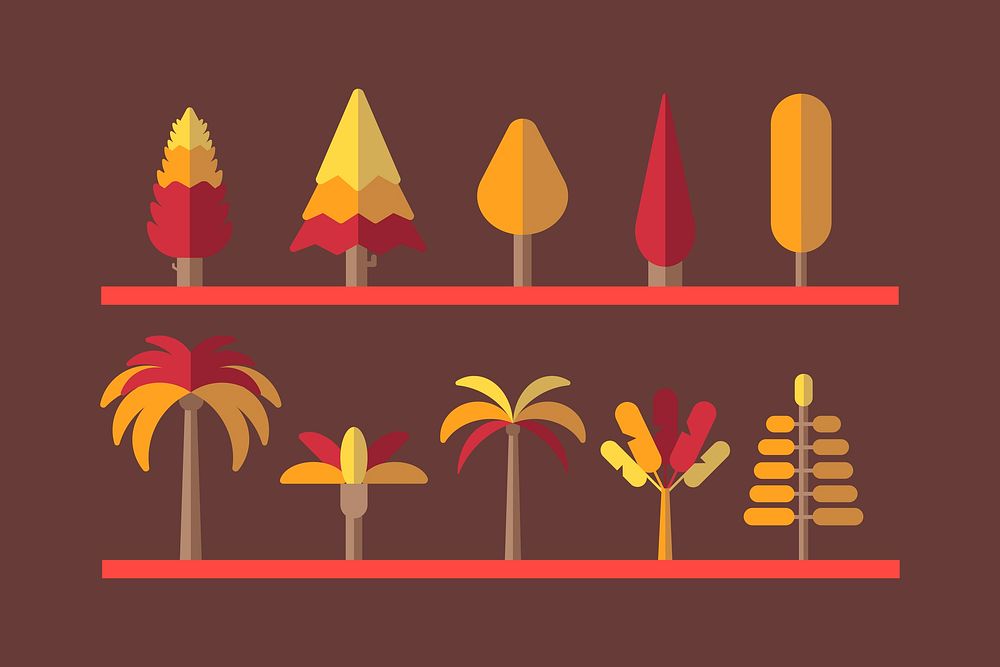 Orange botany flat tree collection on a rack vector