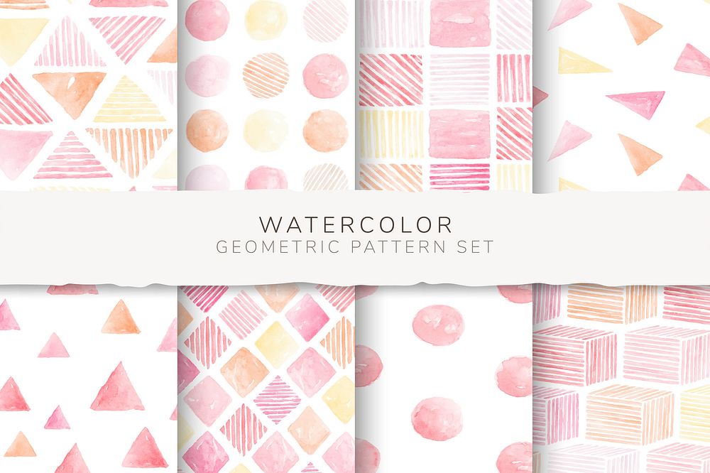 Pink watercolor geometric seamless patterned background vector set