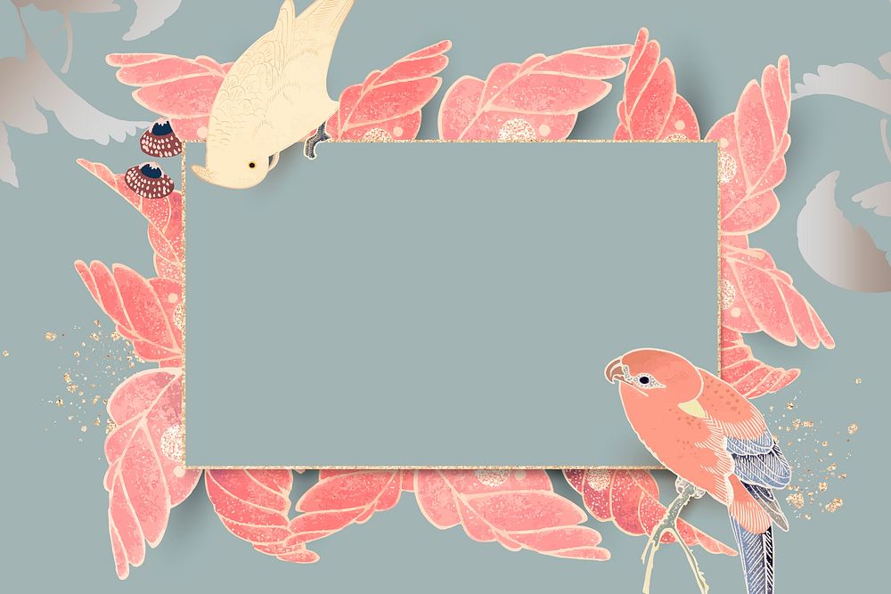 Gold frame with parrot, macaw, and leaf motifs on a teal background vector