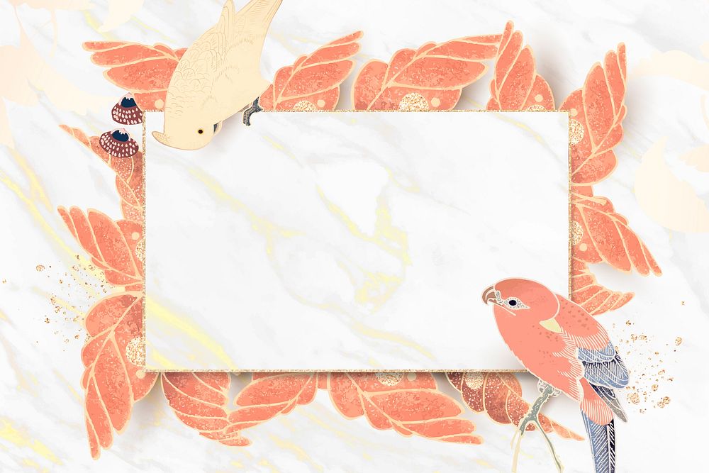 Gold frame with parrot, macaw, and leaf motifs on a white marble background vector